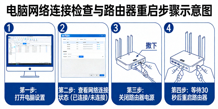 示意图：检查电脑网络连接状态与路由器重启步骤