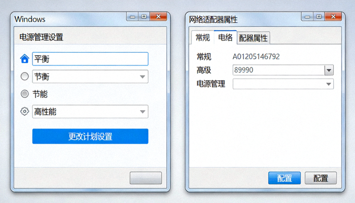 Windows系统电源管理设置与网络适配器属性设置界面截图